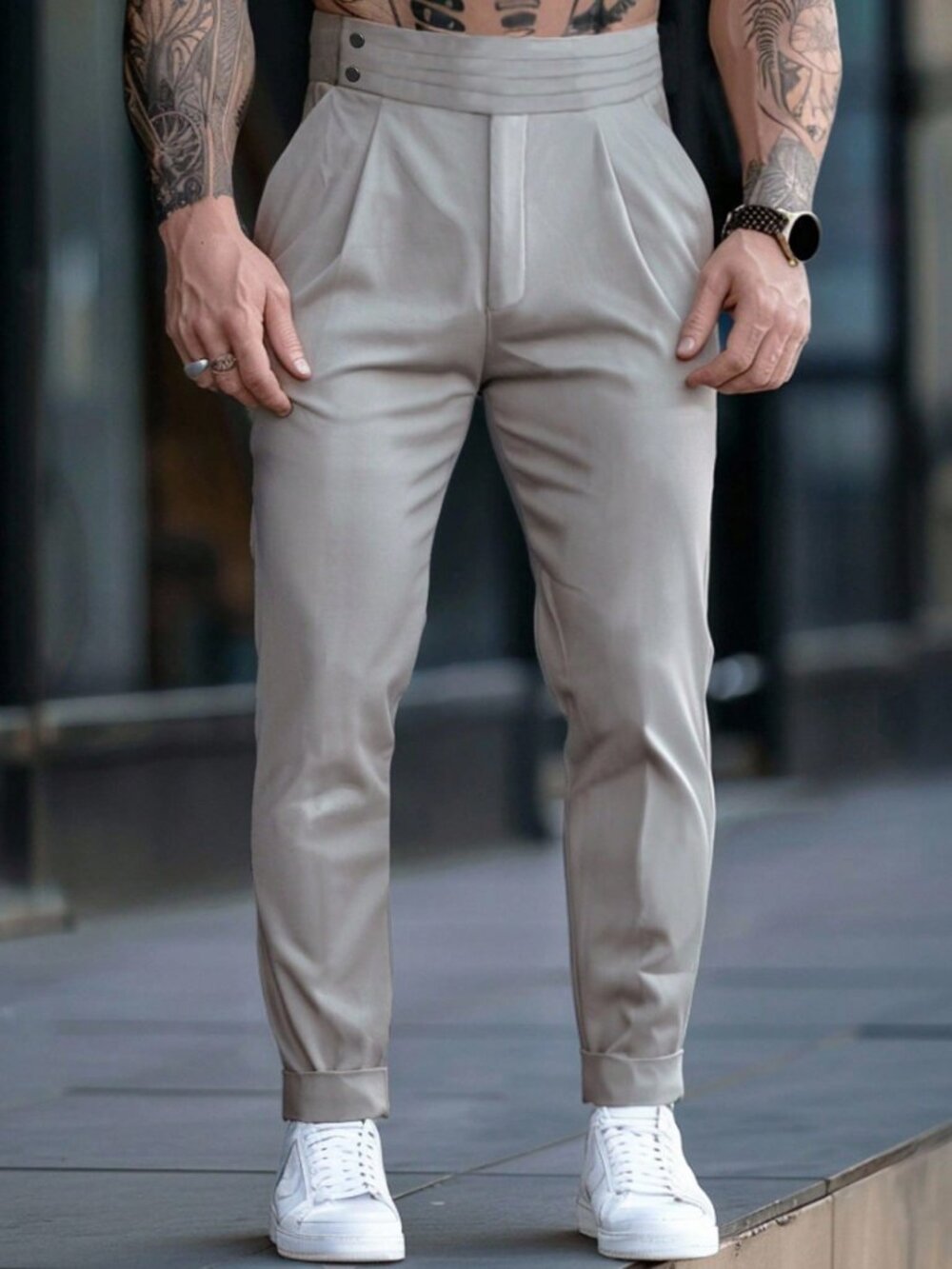 Grey Business Men's Minimalist Ruched Button Waist Slant Pocket Trousers